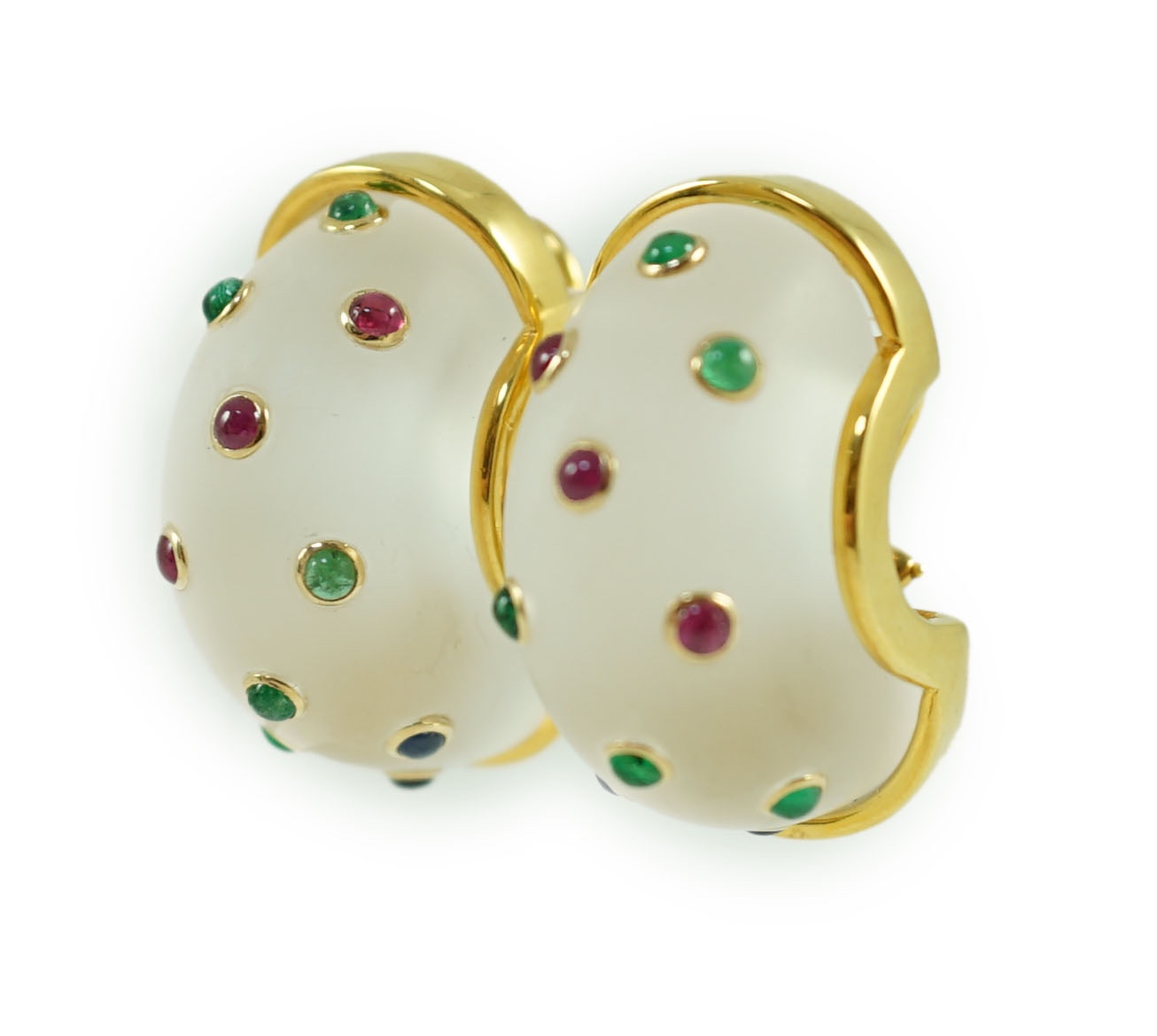 A pair of 20th century 14k gold, rock crystal and cabochon gem set demi-lune earrings